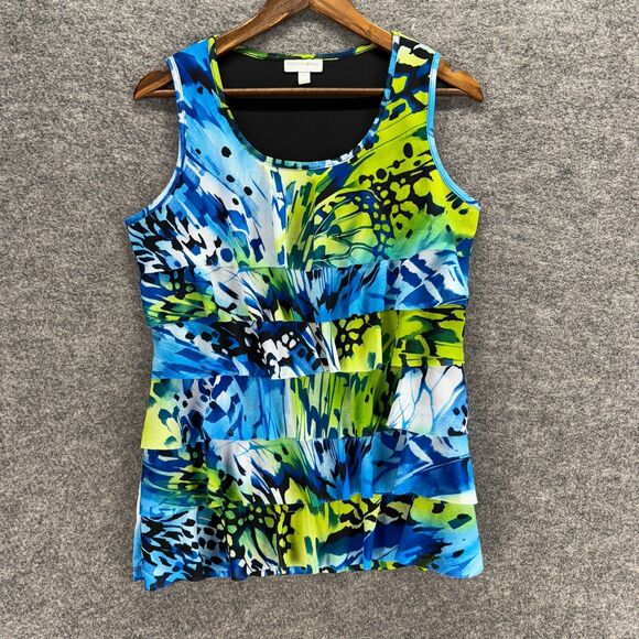 Fashion Bug Tops - Fashion Bug Blouse Women M Medium Blue Geometric Lined Ruffle Sleeveless Casual